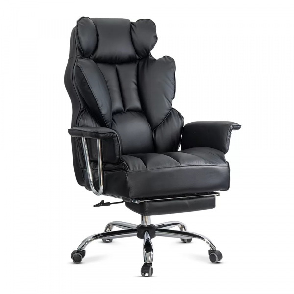 Черен директорски стол с поставка за крака.