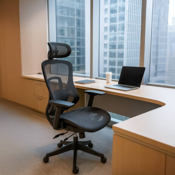 Черен ергономичен стол.